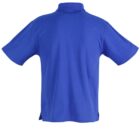 Back view of a plain blue polo shirt with short sleeves and a collar.