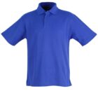 A plain blue polo shirt with short sleeves and three buttons on the collar, displayed on a white background.