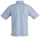 A light blue polo shirt viewed from the back. It has a classic collar and short sleeves. The fabric appears smooth, and there are small side vents at the hem.