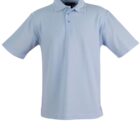 A light blue polo shirt with short sleeves and a classic collar. It has a three-button placket and a relaxed fit, suitable for casual wear. The shirt is displayed on a plain white background.