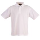 White polo shirt on a plain background, featuring a classic collar, short sleeves, and a three-button placket.
