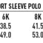 Size chart for kids poly/cotton pique knit short sleeve polo. Sizes: 4K, 6K, 8K, 10K, 12K, 14K. Half chest measurements: 35.5-50.5 cm. Body length measurements: 45-65 cm. Easy fit.