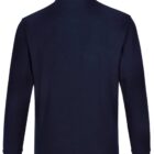 Back view of a long-sleeve, dark navy blue collared shirt against a white background.