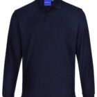 Navy blue long-sleeve polo shirt with collar and buttons, displayed on a white background.
