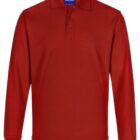 Long-sleeved red polo shirt with a collar and button placket, displayed on a plain background.