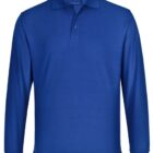 Long-sleeve blue polo shirt with collar and button placket, displayed on a white background.