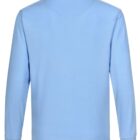 Back view of a plain light blue long-sleeve collared shirt against a white background.