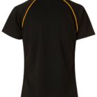 Back view of a black polo shirt with short sleeves and orange piping along the shoulders.