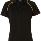 A black polo shirt with yellow piping along the shoulders. It has a three-button placket at the front and a collar. The shirt is displayed on a plain background.
