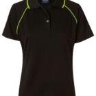 Black polo shirt with green piping on the shoulders. It features a button-up collar and short sleeves.