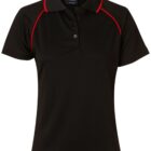 A black polo shirt with a short collar, three black buttons, and red piping accents on the shoulders. The shirt has a fitted design suitable for casual wear.