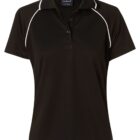 A black short-sleeve polo shirt with a collar and three buttons. It features white piping along the shoulders and sleeves. The shirt is displayed on a plain white background.