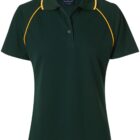 A dark green polo shirt with short sleeves and a collar. It features two thin yellow lines extending from the collar to the underarms. The shirt has a button placket and a small logo near the neckline.