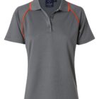 Gray polo shirt with orange piping along the shoulder seams. It features a collar and three-button placket, suitable for casual or sporty occasions.