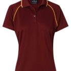 A burgundy short-sleeved polo shirt featuring yellow piping along the shoulders. The shirt has a classic collar and a three-button placket, with a small logo on the left chest area.