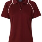 A maroon short-sleeve polo shirt with white piping along the shoulders. The shirt features a collar and a three-button placket. There is a small logo at the chest.