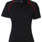 A black short-sleeve polo shirt featuring a collar, a buttoned placket, and red piping along the shoulders and sleeves.