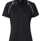 A black short-sleeve polo shirt with white piping along the shoulders and collar. The shirt features a classic collar and a two-button placket.