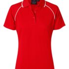 A red polo shirt with white trim along the shoulders. It features a collar and three buttons on the front. The shirt is displayed against a white background.