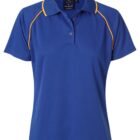 A blue polo shirt with short sleeves, featuring yellow piping along the shoulders. The shirt has a collar and a button-up placket with two visible buttons.