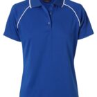 A blue polo shirt with short sleeves and a collar. It features white piping along the shoulder seams and a three-button placket on the front.