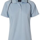 Light blue polo shirt with black piping along the seams. It has a classic collar and a two-button placket, designed for a sporty look. The fabric appears soft and breathable.