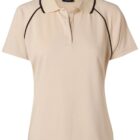 A beige short-sleeve polo shirt with a collar and three buttons down the front. It features black piping along the shoulders and sleeves.