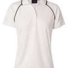 White polo shirt with a collar and short sleeves, featuring black piping along the shoulder seams. The shirt has a three-button placket and is designed for a fitted silhouette.
