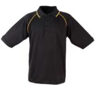 Black short-sleeve polo shirt with a collar and front buttons. It features yellow piping along the shoulders, adding contrast to the design. The shirt appears to be made of a smooth, comfortable fabric.