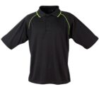 A black polo shirt with neon yellow piping along the shoulders and sleeves. It has short sleeves and a three-button placket. The shirt appears to be made of a lightweight material.