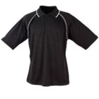 A black short-sleeved polo shirt with white piping along the shoulders and sleeves. It features a collar and a three-button placket. The design is simple and sporty.