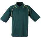 A short-sleeved, dark green polo shirt with yellow piping on the sleeves and shoulders. The shirt has a three-button collar and is displayed against a plain white background.