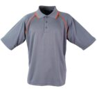 Gray polo shirt with short sleeves and a three-button collar. It features orange piping along the shoulders and sleeves, adding a contrasting accent to the design. The shirt hangs against a plain white background.