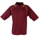 A maroon short-sleeve polo shirt with a collar and three buttons. It features yellow piping along the shoulder seams. The shirt is displayed against a white background.