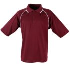 A maroon short-sleeve polo shirt with a collar and buttons. It features white piping along the shoulder seams, enhancing its design. The shirt is displayed against a plain white background.
