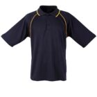 A navy blue polo shirt with yellow piping along the shoulder seams. It features short sleeves, a collar, and a three-button placket. The shirt is laid flat, showing its simple design.