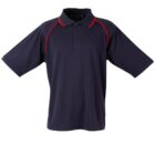 A navy blue polo shirt with a collar, three buttons, and short sleeves. It features red piping along the shoulder seams. The shirt is displayed against a plain white background.