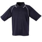 A dark blue polo shirt with a collar and short sleeves. It features white piping along the shoulder seams and three buttons on the placket. The shirt is displayed on a plain white background.