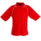 Red polo shirt with a collar and buttons down the front. It features white piping along the shoulder lines. The shirt has short sleeves and is displayed against a plain white background.