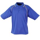 Blue short-sleeved polo shirt with yellow piping along the shoulder seams. The shirt has a collar and a three-button placket. It is displayed on a plain white background.