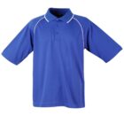Blue short-sleeve polo shirt with white piping along the shoulders and collar.