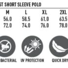 Size chart for a mens contrast short sleeve polo from PS20 with sizes S to 5XL. Features include Cooldry fabric, moisture-wicking, antibacterial, UV protection, quick dry, breathable, and easy care.