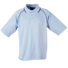A light blue short-sleeve polo shirt with a collar and a three-button placket. The shirt features black piping along the shoulders and sleeves. The shirt is displayed against a plain white background.