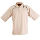 Beige short-sleeve polo shirt with black piping along the seams and collar. It features a collared neckline and a button placket at the front. The shirt is displayed against a plain white background.