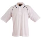 A plain white polo shirt with black piping on the sleeves and collar, short sleeves, a three-button placket, and a classic fit. The shirt is displayed against a plain white background.