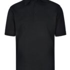 A plain black polo shirt with short sleeves and a three-button placket. The collar is neatly folded, and there are no visible logos or designs on the fabric.
