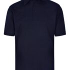 Navy blue polo shirt with short sleeves and a three-button placket, displayed on a plain white background. The shirt has a classic collar and a simple, elegant design.
