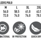 Size chart for mens CoolDry short sleeve polo, displaying measurements for sizes S to 5XL. Icons below illustrate features: CoolDry fabric, moisture-wicking, antibacterial, UV protection, quick dry, breathable, and easy care.