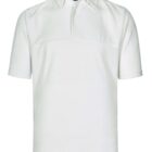 A plain white short-sleeve polo shirt with a classic collar and a button placket.