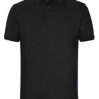 A plain black polo shirt with short sleeves and a three-button placket. The collar is neatly folded, and the fabric appears smooth and lightweight.